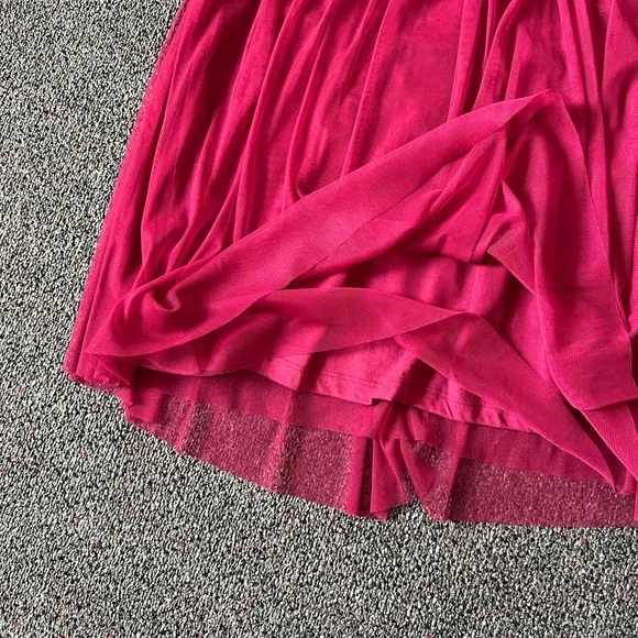 Maroon Red Layered Mesh Pleated Tutu High-Waist Modest Midi Knee-Length Skirt S - Picture 14 of 16